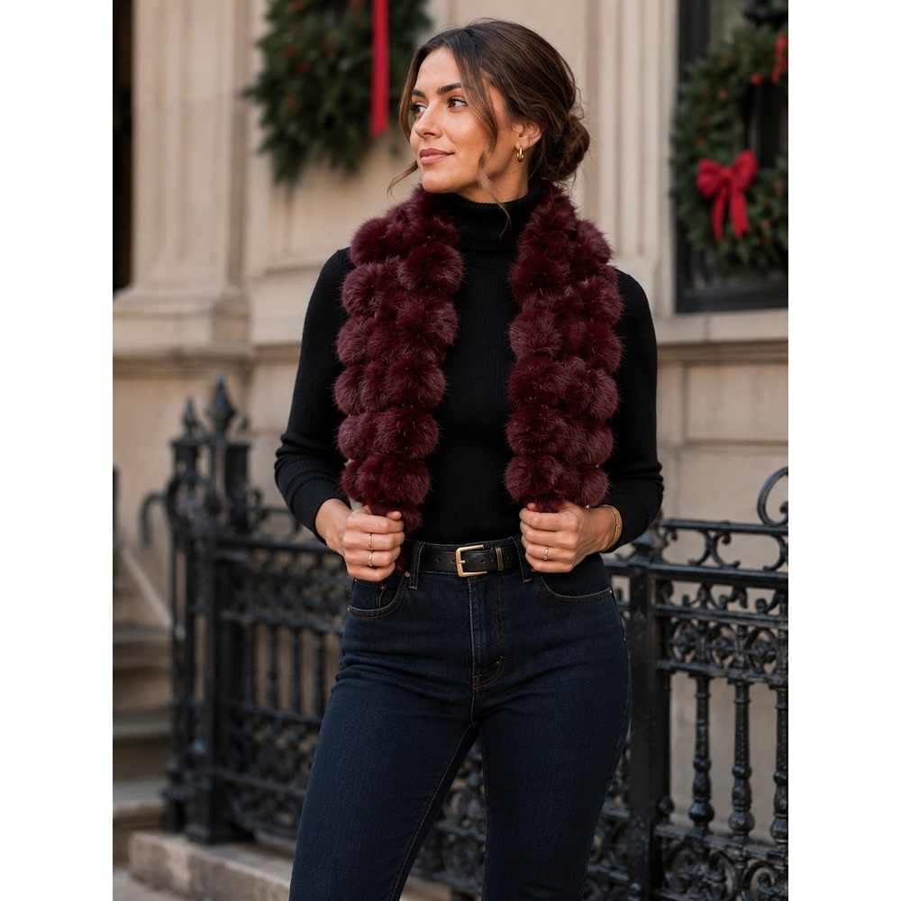 La Fiorentina Burgundy Real Rabbit Fur Pom Pom Scarf New With‎ Tags Wine Red